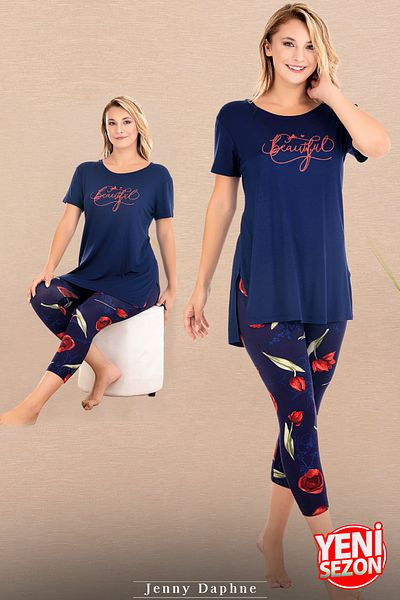 Jenny Daphne Set de pijamale capri cu mânecă scurtă, cu mânecă scurtă, cu imprimeu floral, albastru marin 12074