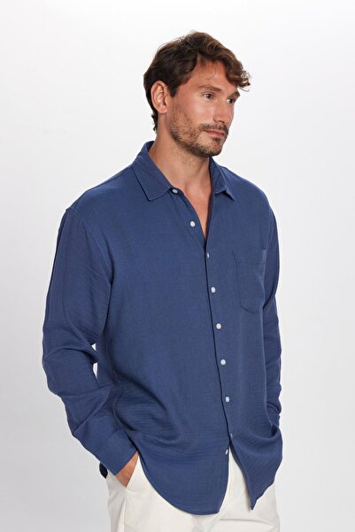 Tudors Erkek Relax Fit Rahat Kesim Müslin Viskon Pamuklu Tek Cepli Düz İndigo...