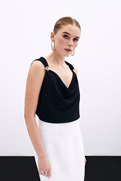 Sateen Degaje Yaka Bluz - Siyah