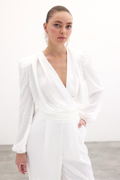 Sateen Patterned Bodysuit - Ecru Blouse