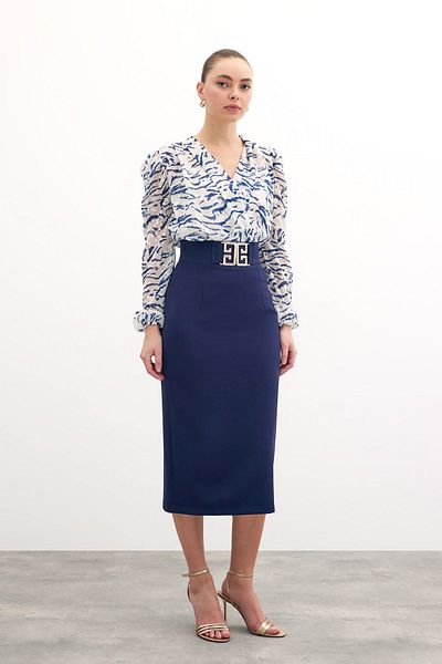 Sateen Pencil Skirt with Accessory Detail - Navy Blue