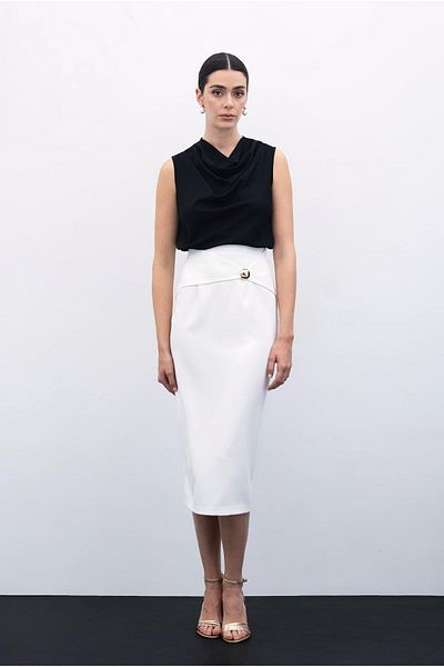 Sateen Buckle Detailed Pencil Skirt - Ecru