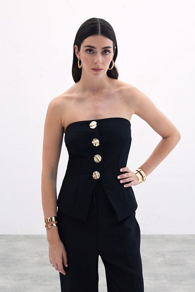 Sateen Buttoned Strapless Blouse - Black