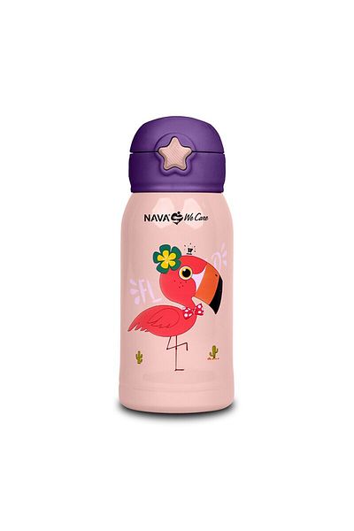 Nava Sticla din otel inoxidabil cu pai  "We Care" pink flamingo,  500ml