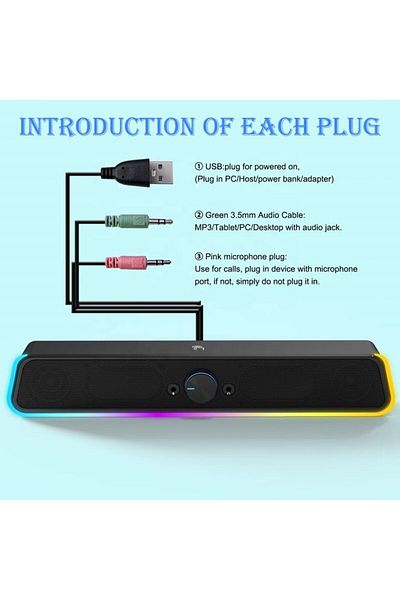 COOYA Computer Speaker, Sound Bar with Headphone, Stereo Sound Soundbar, Colorful LED Lights