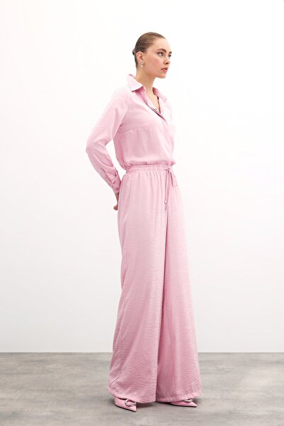 Sateen Zebra Desenli Salaş Pantolon - Pudra