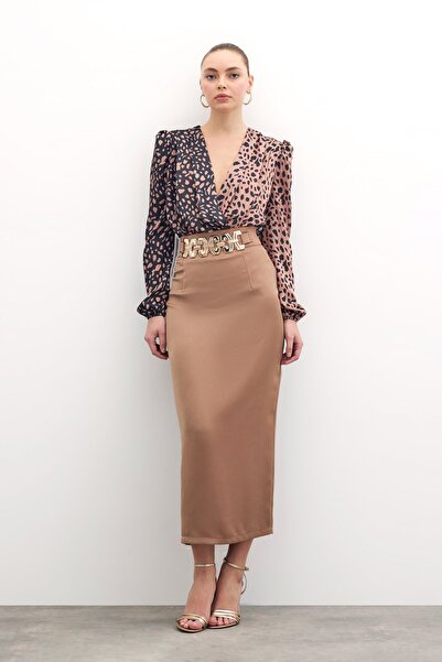 Sateen Gold Aksesuarlı Uzun Etek - Vizon