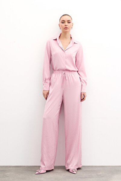 Sateen Zebra Desenli Salaş Pantolon - Pudra