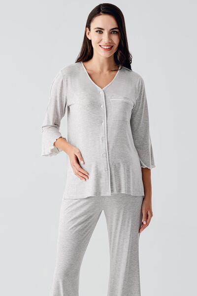Artış Buttoned Long Sleeve Short Stretchy Viscous Maternity Pajamas Set