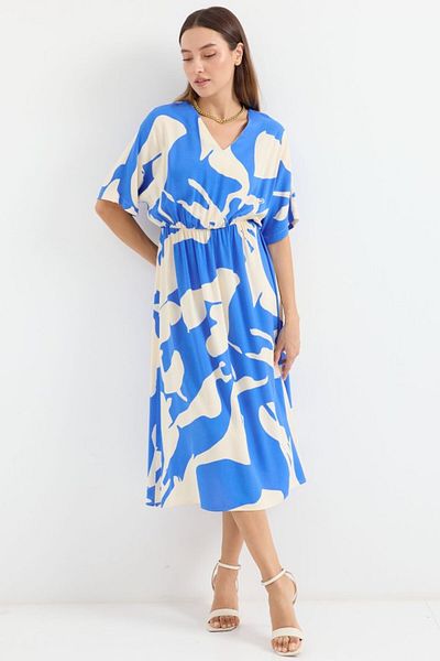 Kokosh moda Μοντέλο 2511 - Φόρεμα με ελαστική μέση με μπλε σχέδιο