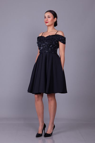 Bidoluelbise Black Straps Off Shoulder Floral Tulle Detail Mini Length Flared Evening Dress