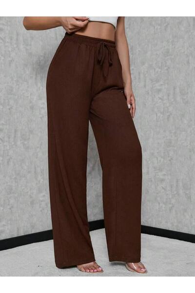 trendgar Kahverengi Keten Karışımlı Lastikli Yüksek Bel Wide Leg Pantalon