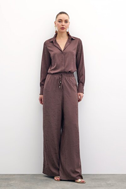 Sateen Zebra Desenli Salaş Pantolon - Kahve