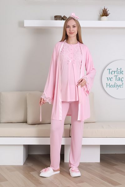 ERDENİZ TEKSTİL Maternity Short Sleeve Pajamas and Long Sleeve Dressing Gown Suit/ Button Lace Collar and Sleeve / Slippers and Crown Gift