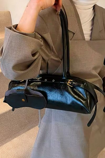 BAHELS Imported Black Crinkled Patent Leather Bag Charm Shoulder Bag