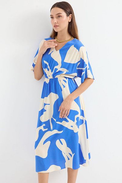 Kokosh moda Μοντέλο 2511 - Φόρεμα με ελαστική μέση με μπλε σχέδιο