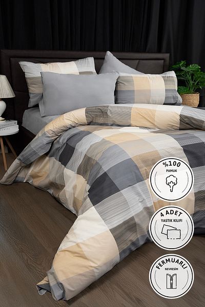 FAVORA Σετ Παπλωματοθήκη Nevora Premium 100% Cotton Διπλό - Γκρι