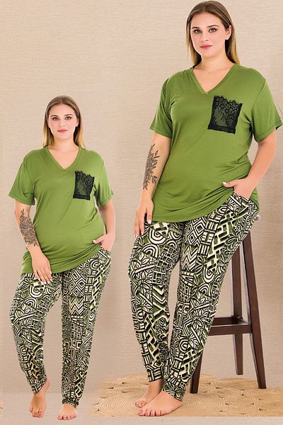 Jenny Daphne Set pijama verde cu decolteu în V de mărime mare 11002