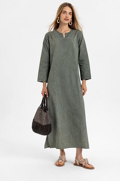 Deriderim Rochie din bumbac, brodata verde, cu maneca lunga, fara captuseala