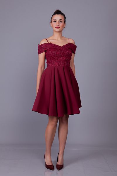 Bidoluelbise Burgundy Straps Off Shoulder Floral Tulle Detail Mini Length Flared Evening Dress
