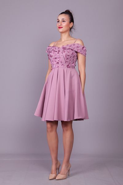 Bidoluelbise Dark Rose Strap Off Shoulder Floral Tulle Detail Mini Length Flared Evening Dress