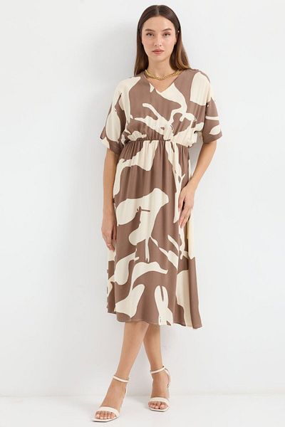 modaserdem 2511 Patterned Dress with Elastic Waist - Brown