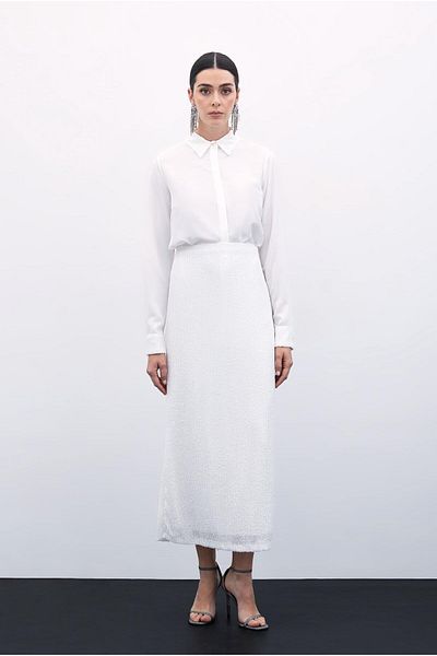 Sateen Fusta Midi cu Paiete - ECRU