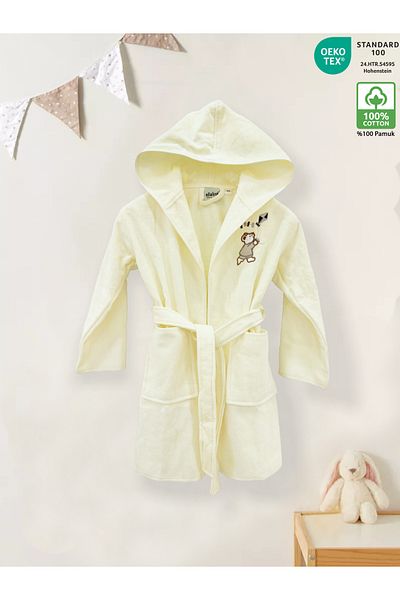 Ellaline Children's Bathrobe 100% Cotton Certified, Velvet Outside, Towel Inside, Absorbent and Soft - Cream Color with Teddy Bear