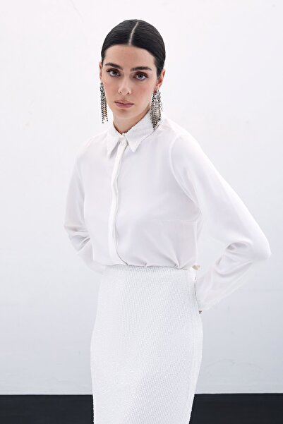 Sateen Payet Detaylı Klasik Gömlek - Ekru