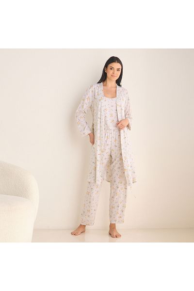 FAV Floral Print Night Robe with Camisole and Pyjama Set
