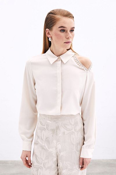 Sateen One Shoulder Detailed Shirt - Beige