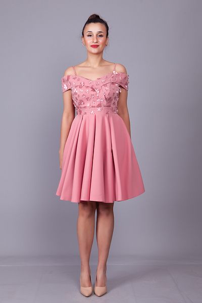 Bidoluelbise Dusty Rose Strap Off Shoulder Floral Λεπτομέρεια από τούλι Μίνι μέγεθος φόρεμα βραδινό φόρεμα
