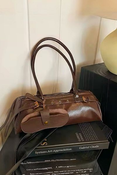 BAHELS Imported Bitter Brown Wrinkled Patent Leather Bag Charm Shoulder Bag