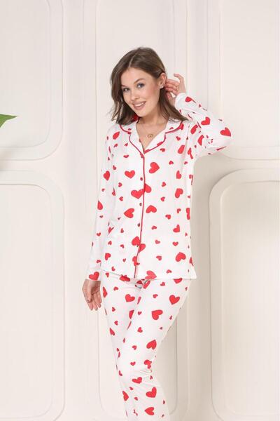 MEBA Kadın Beyaz Düğmeli Biyeli Örme Uzun Kol Kırmızı Minik Kalpli Pijama Takımı