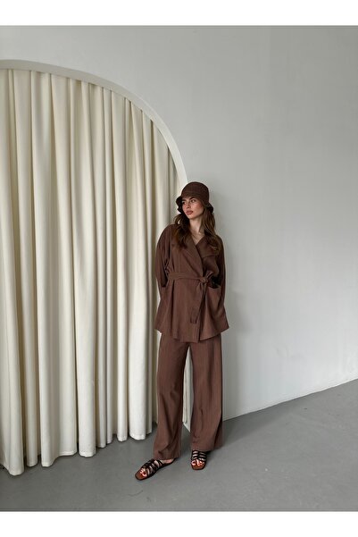 Laluvia Barna Romina nyers vászon kabát nadrág szett - 8447