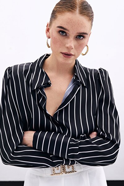 Sateen Vatkalı Çizgili Gömlek - SİYAH