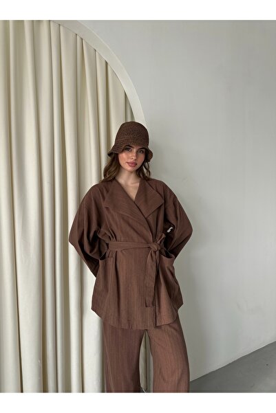 Laluvia Barna Romina nyers vászon kabát nadrág szett - 8447