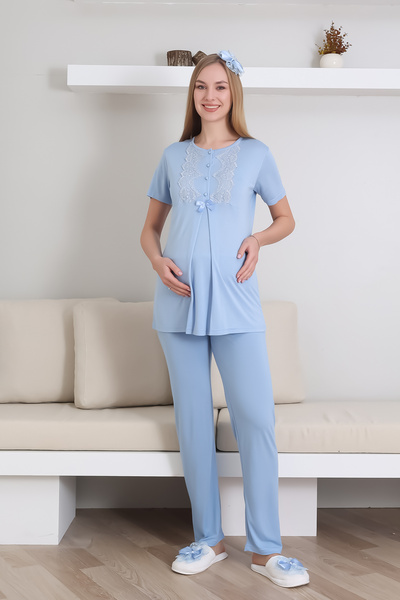 ERDENİZ TEKSTİL Hamile Kısa Kol Pijama ve Uzun Kol Sabahlık Takım/ Düğme Dantel Yaka ve Kol / Terlik ve Taç Hediyeli