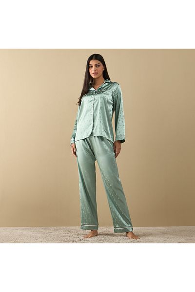 FAV All-Over Leaf Print Long Sleeve Shirt and Elasticated Pyjama Set