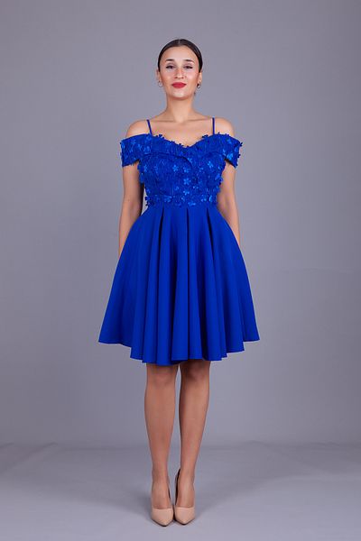 Bidoluelbise Sax Strap Off Shoulder Floral Tulle Detail Mini Length Flared Evening Dress