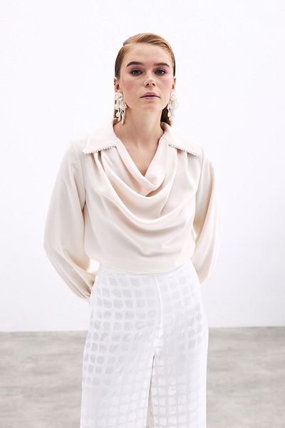 Sateen Casual Blouse with Peplum Collar Pearls - Beige