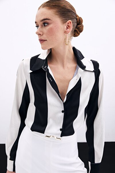 Sateen Çizgili Düz Gömlek - SİYAH