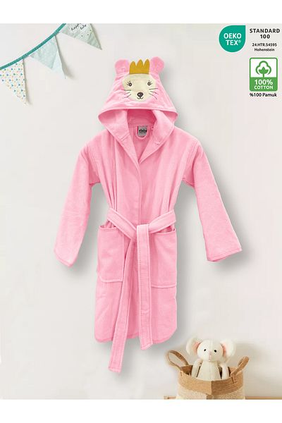 Ellaline Children's Bathrobe 100% Cotton Certified, Velvet Outside, Towel Inside, Absorbent and Soft - Pink Color with Mouse