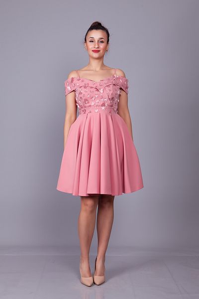 Bidoluelbise Dusty Rose Strap Off Shoulder Floral Λεπτομέρεια από τούλι Μίνι μέγεθος φόρεμα βραδινό φόρεμα