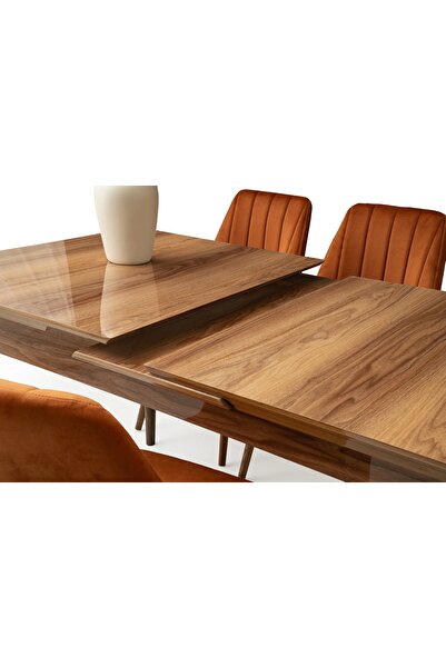 Evistro Kelebek Ceviz Renk Ahşap Salon Yemek Masa Sandalye Takımı 4 Vera Sandalyeli Ortadan Açılır Büyüyen 7