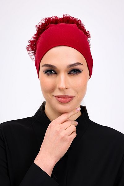 Loggia Ruffled Burgundy Seamless Combed Cotton Bonnet Women's Hijab Tie Inner Bonnet