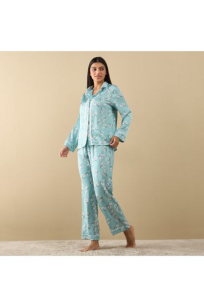 FAV All-Over Floral Print Laced Long Sleeve Shirt and Elasticated Pyjama Set