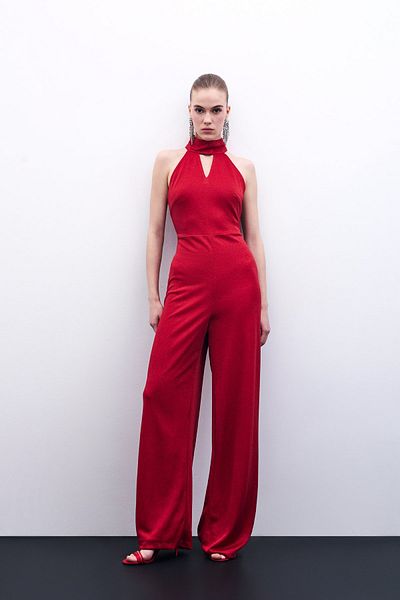 Sateen Sleeveless Shiny Jumpsuit - Red