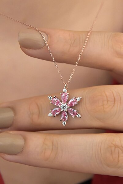 Papatya Silver 925 Ayar Gümüş Pembe Taşlı Kamelya Çiçeği Kadın Kolye