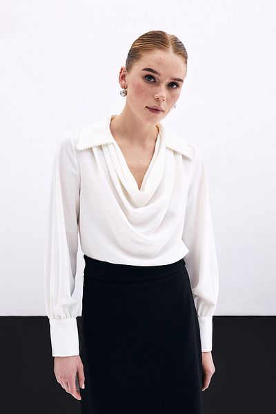Sateen Degaje Guler Perla Bluza Loose - ECRU